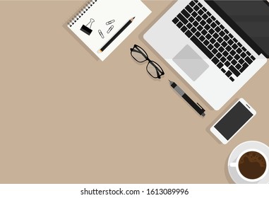  Top view office desk with laptop, notebooks and coffee cup on brown  background. Creative flat layo of workspace desk with copy space. vector illustration modern flat design. 