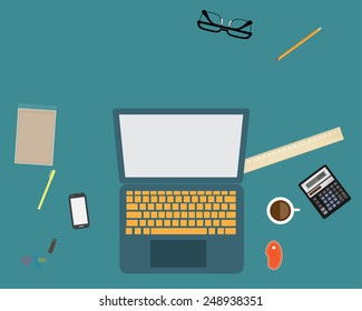 Top view of a office desk with laptop - Flat design