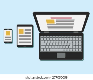 Top view of office desk with laptop, tablet, smartphone. Workplace concept. Flat Style Modern Design.  Vector Illustration