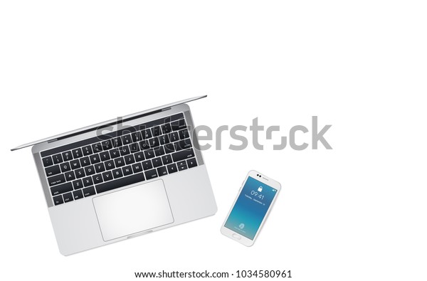 Top View Office Desk Laptop Smartphone Stock Vector Royalty Free