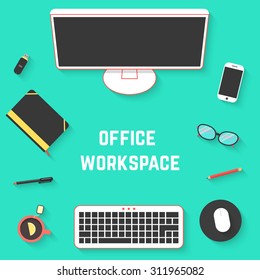 top view of office desk with pc. concept of routine, workflow, workstyle, paperwork, desktop, project development. isolated on green background. flat style trend modern design vector illustration