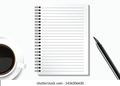 Top view office desk with pen, note book and coffee cup . Flat lay of minimal work space on white background. Banner with copy space. Realistic objects isolated. Vector illustration