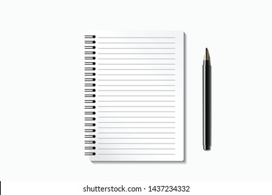 Top view office desk with pen and note book. Flat lay of minimal work space on white background. Banner with copy space. Realistic objects isolated. Vector illustration