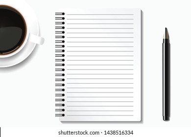 Top view office desk with pen, note book and coffee cup . Flat lay of minimal work space on white background. Banner with copy space. Realistic objects isolated. Vector illustration