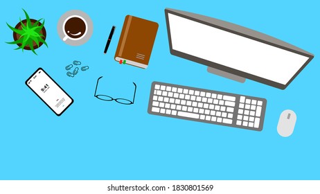 Top view office desk and supplies, with copy space. Creative flat lay photo of workspace desk/Panoramic banner background, Vector illustration