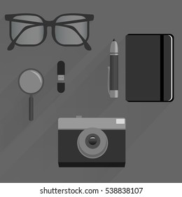 Top view of office desk table with glasses, pen, flash drive, camera, magnifying glass, notebook with flat shadows. Eps10 vector template.