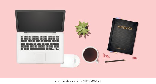 Top view of office desk work space with notebook.Workplace with notepad, coffee and flower.Business Vector illustration.	