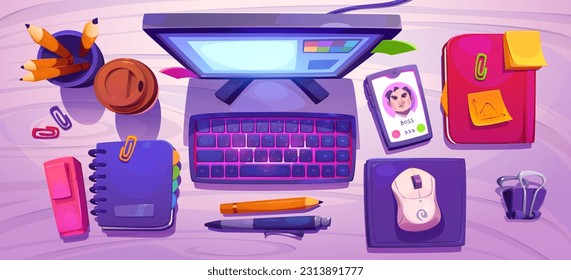 Top view of office desk, workplace with desktop computer on wooden table. Flat lay of workspace with monitor, keyboard, notebooks, coffee, pen and phone, vector cartoon illustration