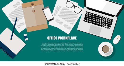 Top view of Office Desk, Office Workplace Concept