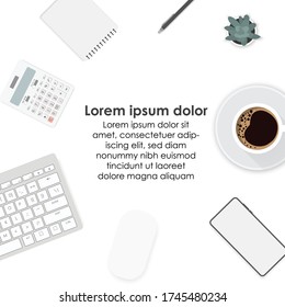 top view of office desk workspace with coffee cup, notebook, plastic plant, smartphone and keyboard on white background, graphic designer, Creative Designer concept.