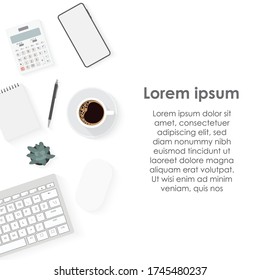 top view of office desk workspace with coffee cup, notebook, plastic plant, smartphone and keyboard on white background, graphic designer, Creative Designer concept.