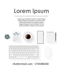 top view of office desk workspace with coffee cup, notebook, plastic plant, smartphone and keyboard on white background, graphic designer, Creative Designer concept.