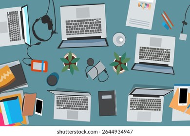 Top View of Office Desk Workspace with Gadgets Illustration Vector Art