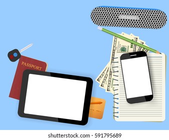 Top view office desk,digital tablet and smartphone scene vector technology background