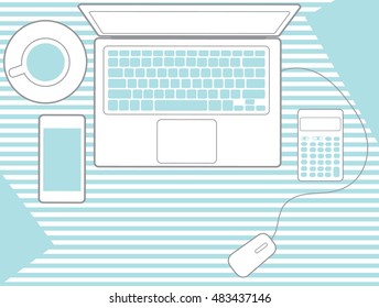 Top view of office desktop with coffee cup, calculator, smartphone and laptop. vector