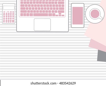 Top view of office desktop with coffee cup, calculator, smartphone and laptop. vector eps10