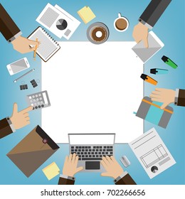 top view of office equipment and electronic device with a business activity. Workplace. Office. Work in a team.Objects lying on a background.With the white banner. Modern flat design.