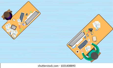 Top view office illustration.Human worker and manager in office vetor