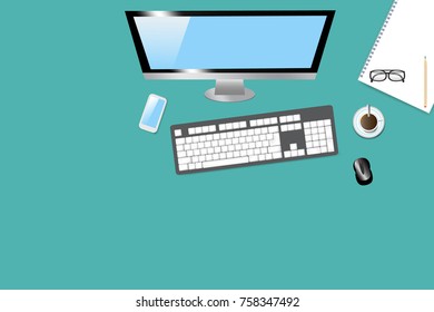 Top view of the office table with PC monitor, keyboard, smart phone, mouse, blank notepad, coffee and glasses. The vector has enough space for your text.