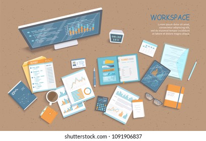 Top view of office table, supplies, documents, notepad, folder, tablet, calculator, envelope, purse, coffee. Charts, graphics on a monitor screen. Vector illustration. Business background