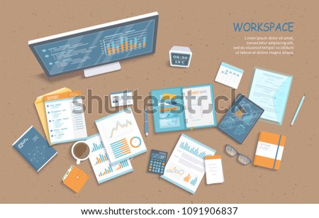 Top view of office table, supplies, documents, notepad, folder, tablet, calculator, envelope, purse, coffee. Charts, graphics on a monitor screen. Vector illustration. Business background