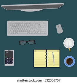Top view office table. Workspace organization concept. Flat style vector illustration
