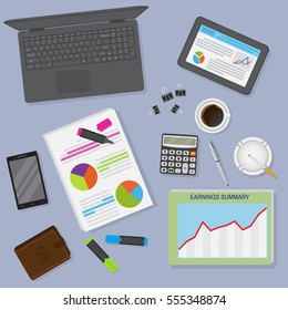 Top view office table workspace organization including laptop, tablet, cup of coffee and stationery. Flat style vector illustration.