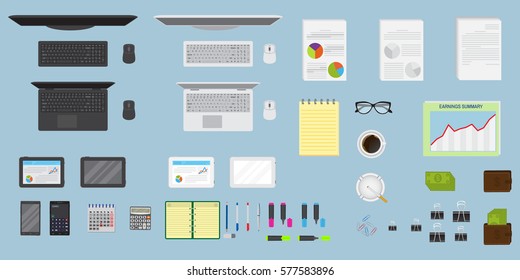 Top view office table workspace organization. Create your own style. EPS10 fully editable. Flat style vector illustration...