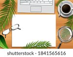 Top view office work desk with office elements with green leaves illustration