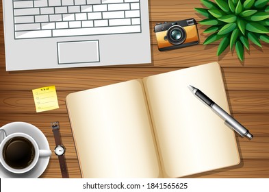 Top view office work desk with office elements with green leaves illustration
