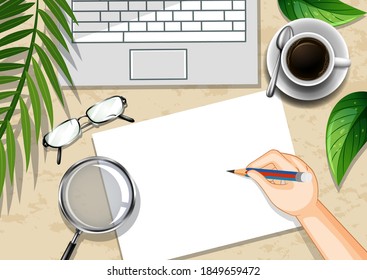 Top view office work desk with office elements with green leaves illustration