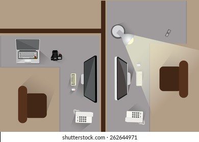 Top view office for work in night time.