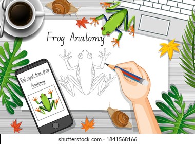 Top view office work table with office elements with green leaves and insects illustration