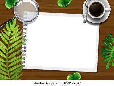 Top view office work table with office elements with green leaves illustration