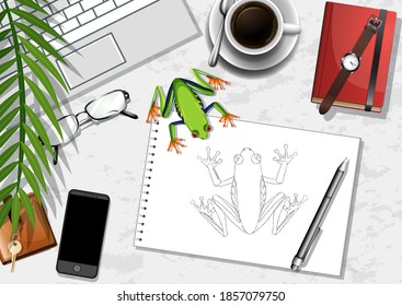 Top view office work table with office elements with green leaves and insects illustration