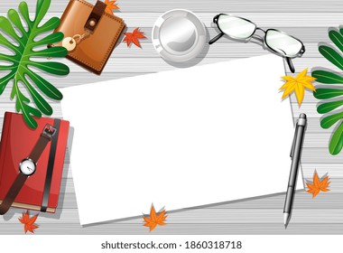 Top view office work table with office elements with green leaves illustration