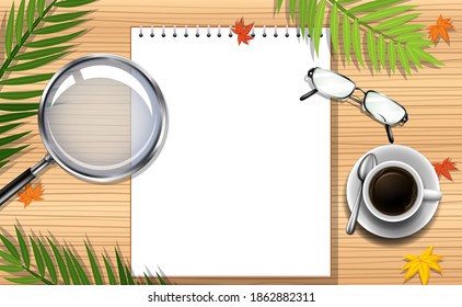 Top view office work table with office elements with green leaves illustration