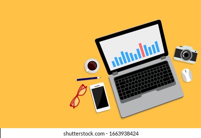 Top view of office worker desk with utilities and stationary including lap top. Business objectives goals progress improvement concept. Vector illustration on yellow background.
