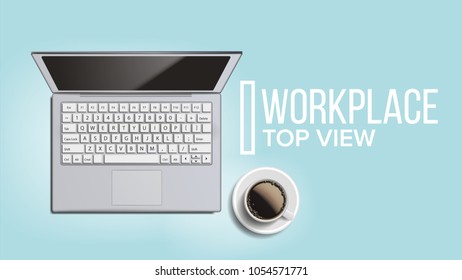 Top View Office Workplace Background Vector. Creative Desk Design. Place For Text. Realistic Mock Up Illustration
