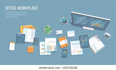 Top view of office workplace with business office supplies, monitor, tablet, documents, notebook, calendar, notepad, folder, envelope, books. Charts, graphics on a monitor screen. Vector illustration
