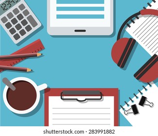 Top view of Office Workplace. Realistic Flat Design Elements. Vector Illustration.  Icons of Headphones,Tablet, Documents and Coffee Cup. Working or studying concept