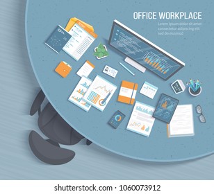 Top view of office workplace with round table, armchair, office supplies, notebook, folder, envelope, books. Charts, graphics on a monitor screen, tablet, phone, documents Vector illustration