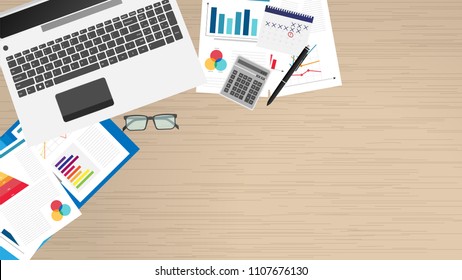 Top view of office workplace, office supplies, notebook. Charts, documents Vector illustration