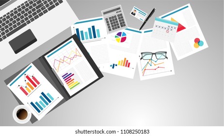 Top view of office workplace, office supplies, notebook. Charts, documents Vector illustration