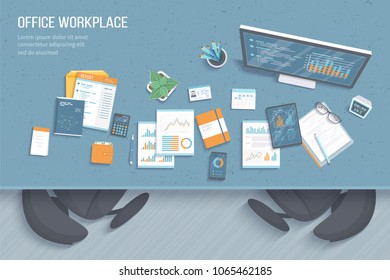 Top view of office workplace with table, armchairs, business office supplies, notebook, calendar, notepad, folder, envelope, books. Charts, graphics on a monitor screen. Vector illustration 