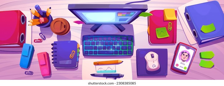 Top view of office workplace. Vector cartoon illustration of desktop computer, smartphone, sticky notes, notebooks, folders with documents, pencils and market pens, paper cup of coffee on wooden desk