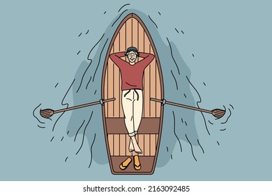 Top view of old man relaxing lying on boat floating on peaceful river. Happy mature grandfather drifting in rowboat enjoy maturity. Good pension years. Vector illustration. 