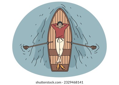 Top view of old man relaxing lying on boat floating on peaceful river. Happy mature grandfather drifting in rowboat enjoy maturity. Good pension years. Vector illustration.