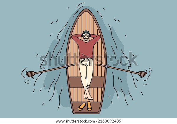 Top view of old man\
relaxing lying on boat floating on peaceful river. Happy mature\
grandfather drifting in rowboat enjoy maturity. Good pension years.\
Vector illustration. 