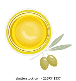 Top view of olive oil bowl with leaves on white background, flat vector.
